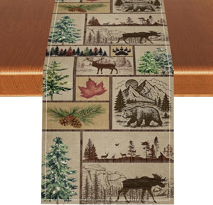 Rustic Cabin Table Runner, Farmhouse Deer Bear Retro Pine Forest Wooden Plank Wild Animal Seasonal Coffee Table Center Decor for Home Kitchen Dining Patio Holiday Party Table Decorations 13x90 inches