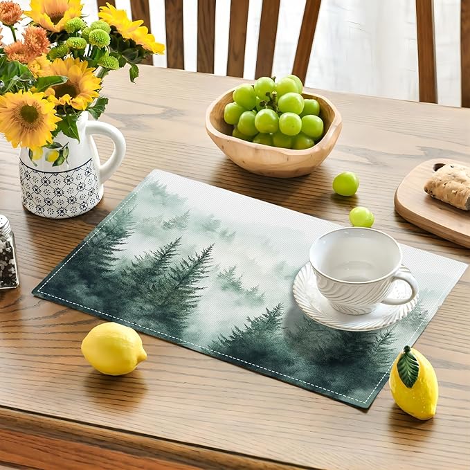 Misty Forest Placemats Set of 6, Green Tree Landscape Place Mats, Rustic Mountain Dining Table Mats, Washable Placemats for Kitchen Dining Room 18L'' × 12W''