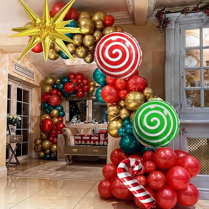 Christmas Balloon Garland Arch Kit, Xmas Red Green Gold Balloons Candy Cane Explosion Star Mylar Foil Balloons for Merry Christmas Ugly Sweater New Year Friendsmas Festival Birthday Party Decorations