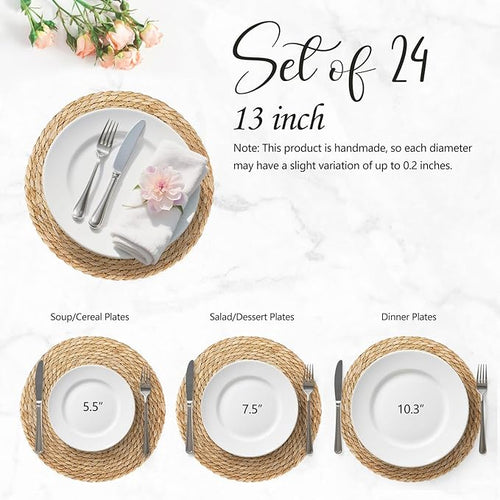 13 Inch Woven Placemats Set of 24, Rustic Round Placemat for Dining Table, Boho Jute Chargers for Dinner Plates, Christmas Farmhouse Holiday Decor, Water Hyacinth Wicker Rattan Braided Place Mats