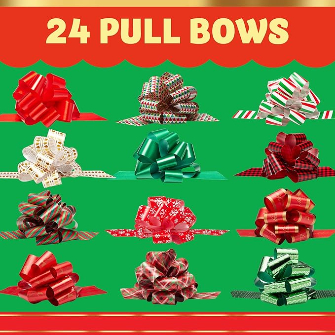 JOYIN 24 PCS Christmas Pull Bows for Gift Wrapping 4.7", Gift Wrap with Ribbon Pull Bows, Easy and Fast Wrapping Accessory for Xmas, Baskets, Wine Bottles, Present, Florist, Bouquet Decoration