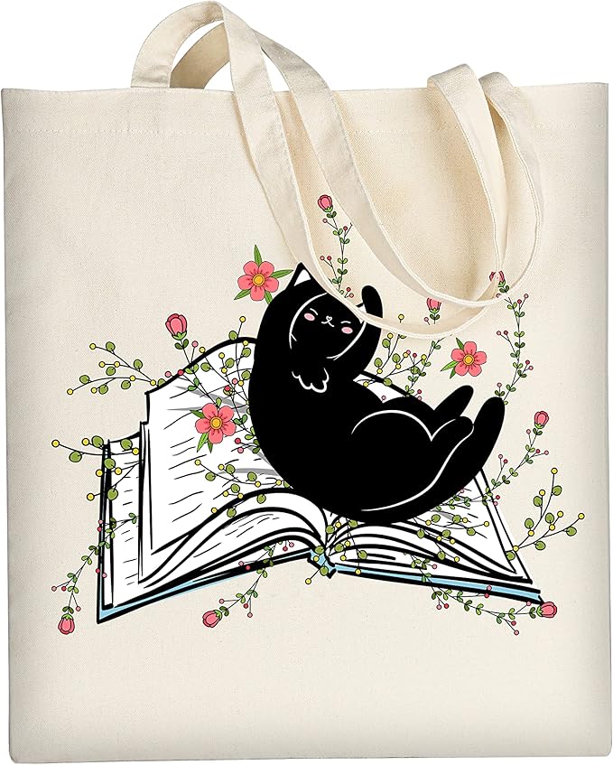 AUSVKAI Cute Book Canvas Tote Bag Aesthetic For Women Grocery Bag Cotton Beach Totes Gift-Black Cat Book