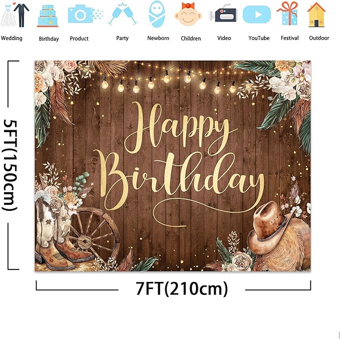 SVBright Western Cowgirl Birthday Backdrop 7Wx5H Pampas Grass Country Wild West Rustic Wooden Boho Flower Retro Boots Hat Farmhouse Decorations Photography Background Banner Photo Booth Studio