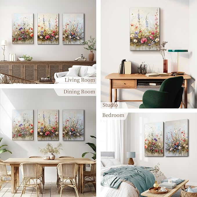 SERIMINO Nature Floral Botanical Wall Art Prints Aesthetic Farmhouse Decor, Misty Flowers Modern Home Decor Paintings, 3 Piece Canvas Wall Art for Living Room Bathroom Bedroom 12"X16"
