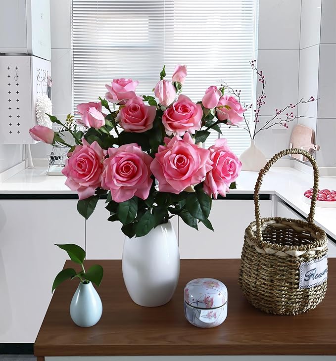Pink Roses Artificial Flowers Indoor,Realistic Fake Flowers 5 Bouquets (15 Heads) for Living Room Decor,Real Touch Fake Plants for Bathroom Kitchen Office Wedding Centerpiece Table Bridal Shower Decor