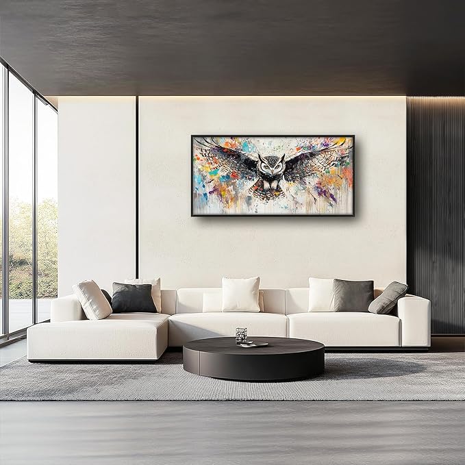 Large Banksy Owl Wall Art for Living Room, Framed Oversized Owl Wall Decor Wild Animal Canvas Painting Pictures Modern Artwork for Living Room Bathroom Bedroom Office Dining Room 60"x30"