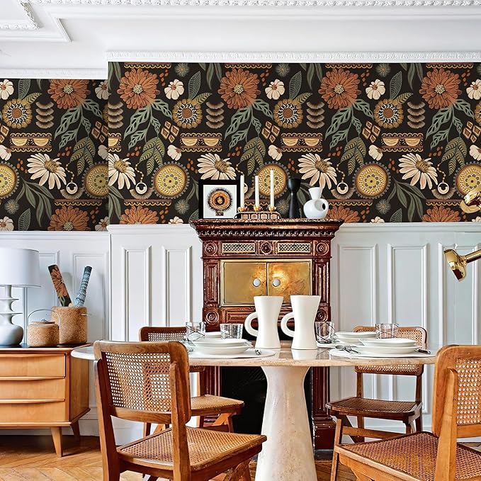 JiffDiff Boho Peel and Stick Wallpaper Vintage Floral Wall Paper Removable Sun Flower Contact Paper Bathroom Bedroom Renter Friendly Wall Mural 17.3" x 800"