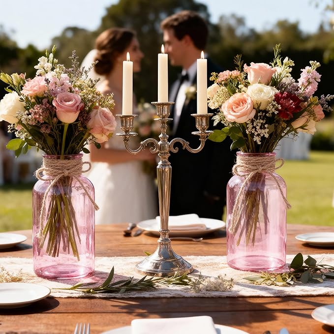 Vintage Glass Flower Vase，6 Pack Pink Farmhouse Glass Centerpiece Vases Mason Jars for Weddings, Parties & Home Decor Bulk (6, Pink)