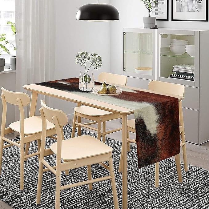 Cow Skin Print Table Runner, Rustic Country Farmhouse Animal Fur Skin Western Farm Black Brown Cowhide Print Dinner Runner Table Decoration for Home Kitchen Dining 13x90in