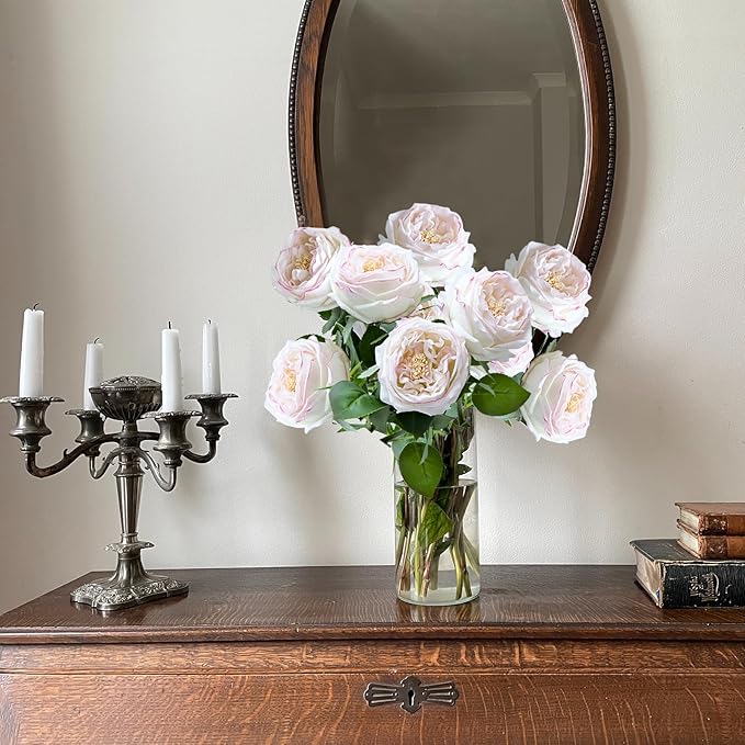 YalzoneMet 3.5'' Big Bloom Flesh Pink Rose Artificial Flowers 4Pcs Real Touch Rose Faux 17.7 Inch Long Stem Austen Roses Peonies Fake Flowers for Home Kitchen Party Christmas Flower Wedding Decor