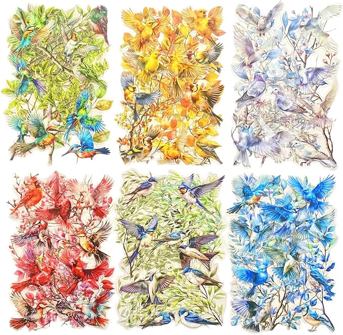 TIAMECH Flowers Birds Sing PET Stickers - 120 Pcs Feather Blossom Branch & Sparrow Pigeon Song Design, Waterproof Sticker for Journaling & Scrapbooking, Junk Journal Supplies, Ephemera & DIY Crafts