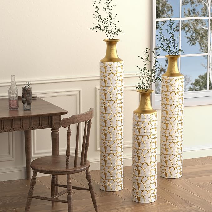 Tall Floor Vase Set of 3 - Oversized Modern Vintage Metal Vases for Living Room Decor, Gold Decorative Large Vases for Corner and Hallway