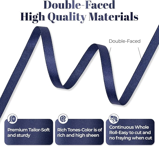 Navy Blue Satin Ribbon, Double Faced 1/4 Inch X 25 Yards Navy Blue Ribbon, Premium Satin Ribbon for Gift Wrapping, Crafts, Hair Bow Making, Sewing, Flower Bouquet, Wedding Party Decor
