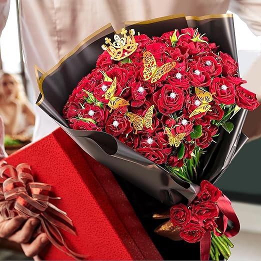 Woohome 106 PCS Flower Wrapping Paper Bouquet Wrapping Paper Sheets Waterproof Floral Wrapping Paper with Diamond Pins Ribbons Wishes Cards, DIY Floral Paper for Flower Shop