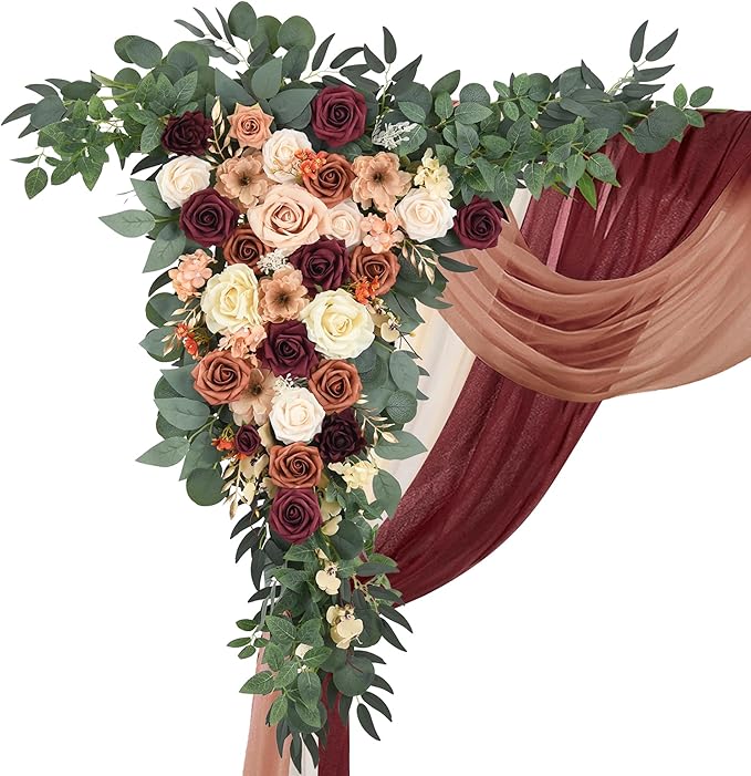 Wedding Arch Flowers Kit Pack of 5, 2pcs Large Artificial Terracotta & Burgundy Floral Swag and 3pcs Draping Fabric for Wedding Ceremony Arbor Reception Backdrop Decoration