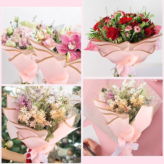 Yahenda 420 Sheet Flower Wrapping Papers Flower Bouquet Paper with Gold Edge Korean Style Bouquet Wrapping for Floral Supplies Wedding Anniversary DIY Gifts, 23 x 23 Inch(Pink)