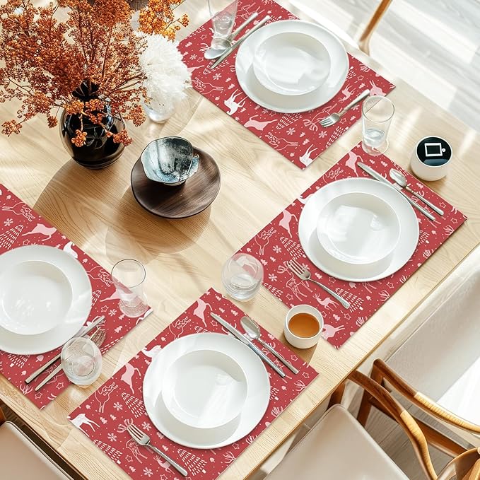 Elk Red Christmas Placemats Set of 4, Dining Mat Cotton Linen Waterproof Table Mats Decor Fabric for Christmas Holiday Kitchen Dinner Table, Washable Wipeable Placemat -N041