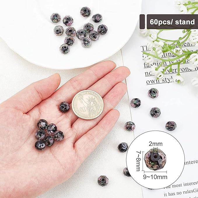 PH PandaHall 60pcs 8~10mm Gold Sand Lampwork Beads Glass Handmade Round Loose Beads for Rosary Making Jewelry Craft Making with 2mm Hole - Black