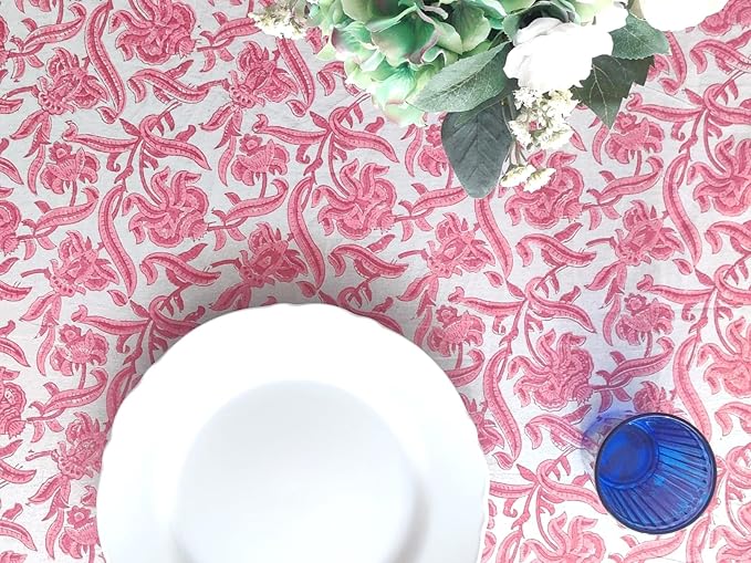 ATOSII Red Bloom 100% Cotton Rectangle Tablecloth, Block Print Floral Linen Table Cloth for Dining Parties Outdoors Weddings Holidays I 72 X 140 Inches, 12 Seater, Summer Farmhouse Grandmillennial