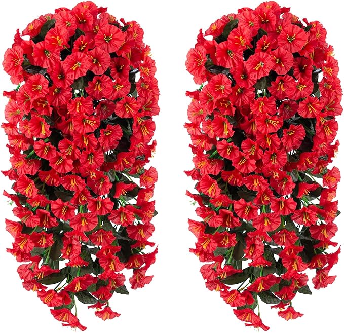 Artificial Faux Hanging Flowers Plants for Winter Christmas Outdoor Outside Decor, 2 PCS Fake Silk Red Morning Glory Long Vines UV Resistant Realistic for Home Porch Patio Balcony Planter Decoration