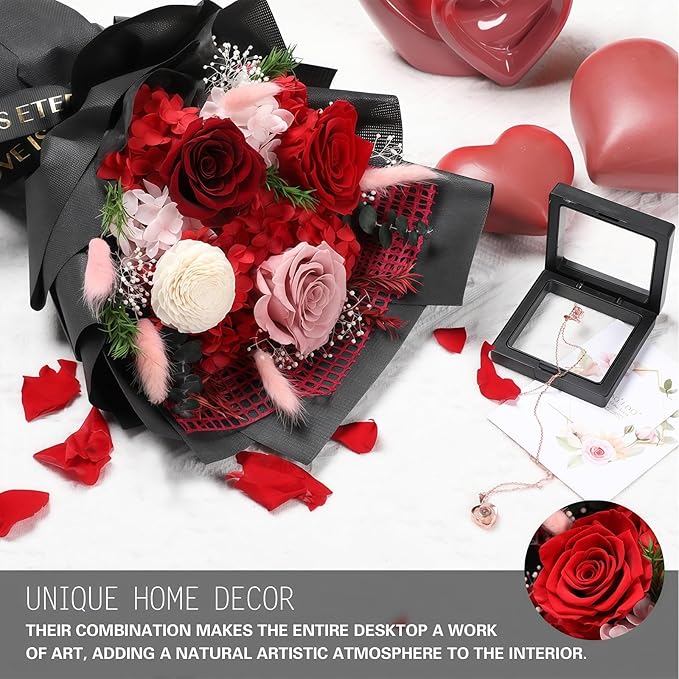 Preserved Flowers for Delivery, Red Flower Bouquets with Necklace, Forever Real Roses Anniversary Birthday Gifts for Women Mom Wife Girlfriend, Fresh Flowers for Valentines Day Christmas