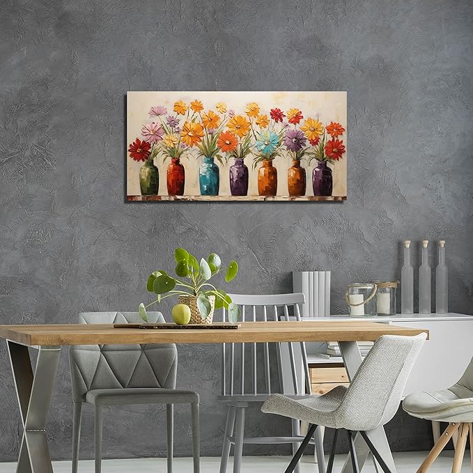 Colorful Daisy Floral Canvas Wall Art, Modern Abstract Flower in Vase Pictures for Living Room Bedroom Office Wall Decor, Horizontal Printed Painting Artwork Home Decorations, Size 40x20 Inches