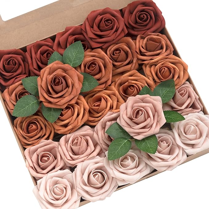 Ling's moment Artificial Flowers, 50Pcs 3" Roses in Amber Shades, Realistic DIY Foam Floral Decor for Wedding Bouquets/Centerpieces, Outdoor Party Backdrops, Room/Table, and Garden/Pot Decorations