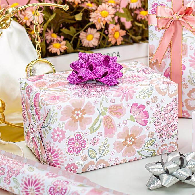 MAYPLUSS Pink Gift Wrapping Paper, Reversible Mother's Day Wrapping Paper, Romantic Pink Floral Premium Girl Gift Wrap Paper for Wedding, Bridal Shower, Valentine's Day, Birthday, (17Inch X 33Feet)