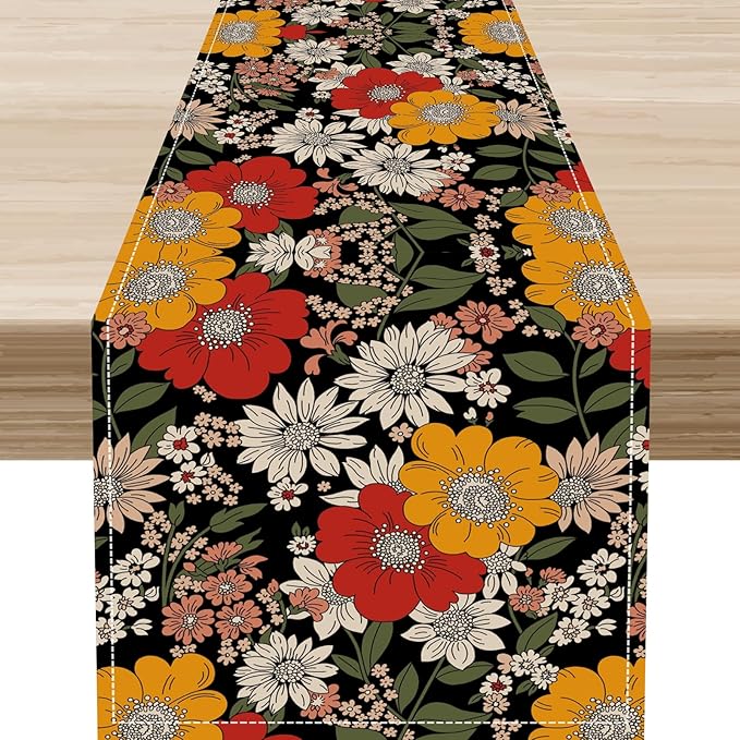 Boho Floral Table Runner, Colorful Vintage Flower Bohemian Floral Print Table Decor for Home Kitchen Dining Patio Holiday Party Indoor Outdoor Table Decorations 13x90 inch