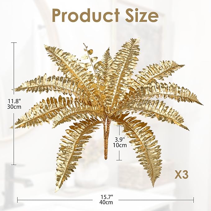 Artificial Gold Ferns Stems Christmas Branch 3Pcs Fake Leave Flower Plant Faux Plant for Vase Bouquets Table Centerpieces Decoration Home Decor