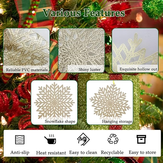 Snowflake Placemats Set of 6, Washable Christmas Placemats Snowflake Tablemats Hollow Out Round Vinyl Place Mats for Dining Table Setting Kitchen Table Mats Christmas Decoration(Gold Snowflake)