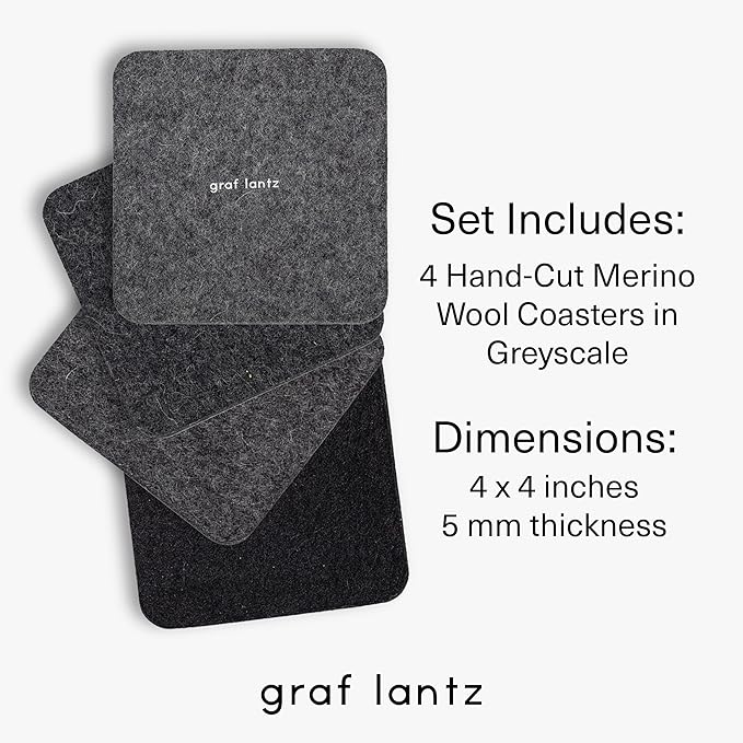 Graf Lantz - Bierfilzl Merino Wool Square Coasters Set of 4 - Greyscale (4"x4"x5mm) - Absorbs 30% Weight, Natural German Wool - Heat Resistant, Sustainable, Reusable - Home Decor, Coffee Table Decor