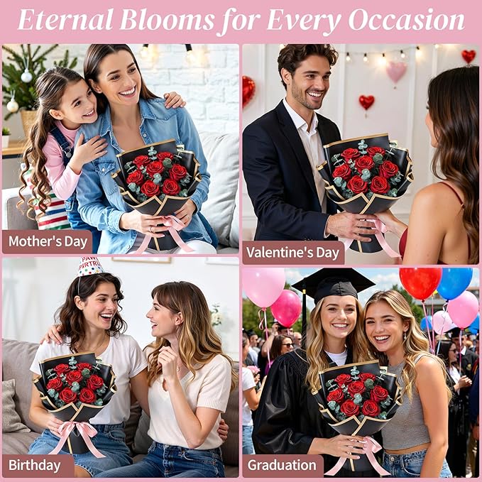 Lewondr Flower for Delivery, Preserved Flowers Bouquet, Red Roses Bouquet, Real Long-Lasting Forever Birthday Flowers Gifts for Her Wife Girlfriend Valentines Day Anniversary Mothers Day, Black-Red