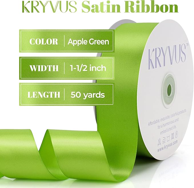 Apple Green Satin Ribbon, Double Faced 1-1/2 Inch X 50 Yards Apple Green Ribbon, Premium Satin Ribbon for Gift Wrapping, Crafts, Hair Bow Making, Sewing, Flower Bouquet, Wedding Party Decor