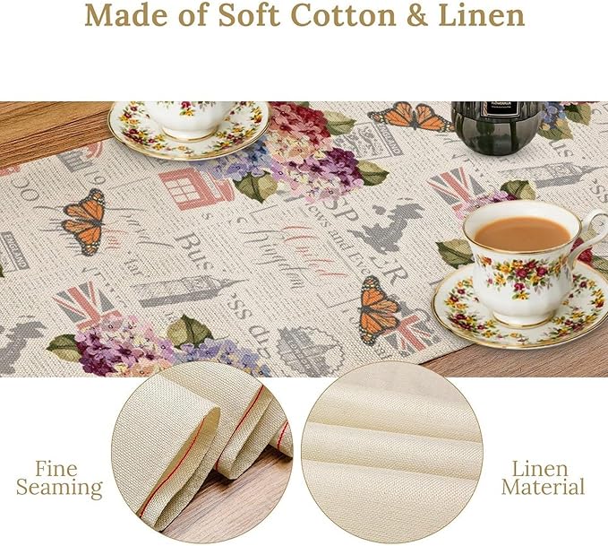 British Table Runner, Seasonal Vintage Floral England London Culture Element Coffee Table Center Decor for Home Kitchen Dining Patio Holiday Party Table Decorations 13x72 inches