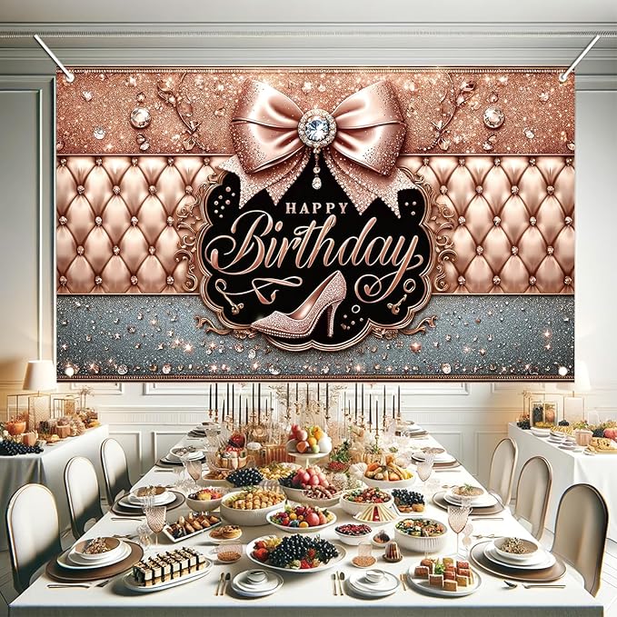 Happy Birthday Backdrop Banner Pink High Heels Birthday Photo Backdrop Photography Background Glitter Diamond Decorations Girl Sweet Party Banner Photo Booth 71 x 43 Inch