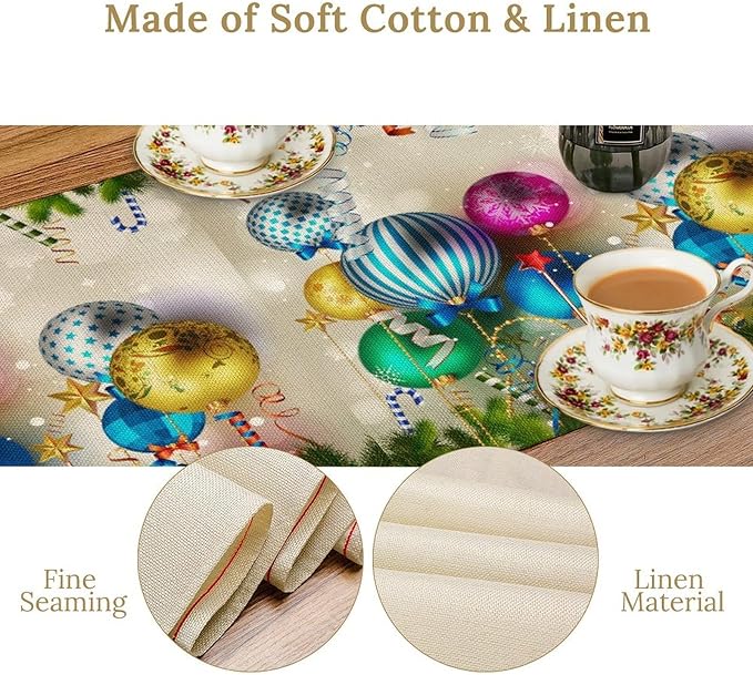 Christmas Table Runner,Colorful Balls Xmas Tree Snowflake Pattern Print Tablecloth Burlap for Hotel Indoors Outdoor Dining Room Kitchen Home Decor,W13X L80 in