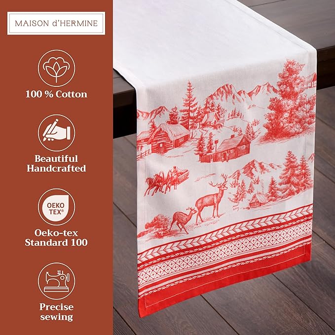 Maison d' Hermine Table Runner 100% Cotton Single Layer Table Runners 72 inches Long for Thanksgiving Christmas Decorations Home Kitchen Dining Party Wedding (Winter Jouy, 14.5" x 72")