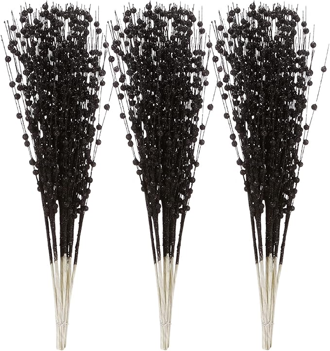 Sea Team 24-Pack Artificial Glitter Berry Stem Ornaments, Decorative Bead Sticks, Glittery Twigs, Picks, Branches for Christmas Tree, Small Vase, Holiday, Wedding, Party (17 Inches, Black)