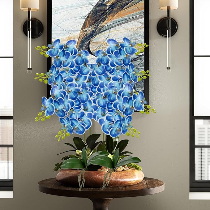 30 Inch Blue Orchids Artificial Flowers Real Touch Phalaenopsis Spray Artificial Orchid Stems with 12 Orchid Flowers Fake Phalaenopsis Tall Faux Flowers Arrangement for Home Decor Party Wedding Decor