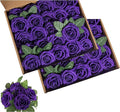 Artificial Flower Foam Purple Rose 50pcs Real Looking Fake Rose with Stems Leaves for Home Decoration Party Garden Centerpieces DIY Wedding Bouquets（Purple）