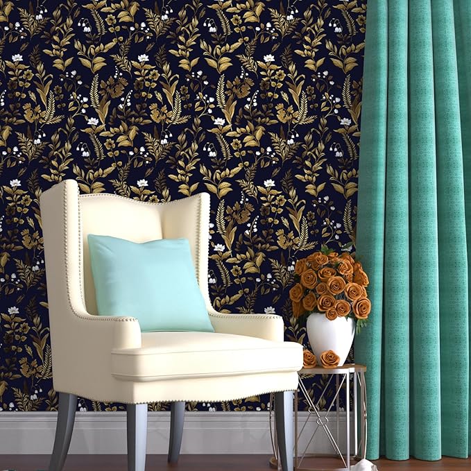 Extra Long Dark Navy Vintage Floral Wallpaper 17.5In x 393In Boho Peelable Contact Paper Botanical Wall Paper Waterproof Stick on Backsplash Bedroom Cabinet Drawer Deep Blue Yellow Gold