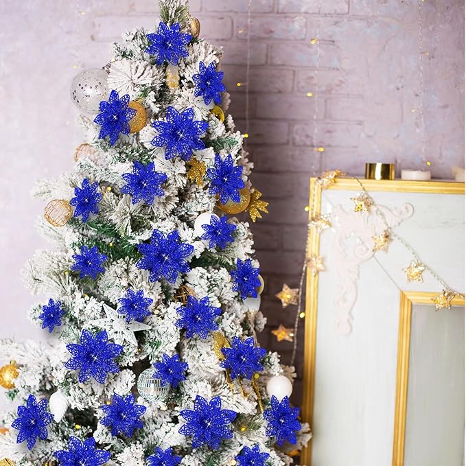 Boao Cobalt Blue 24 Pieces Poinsettia Flower Christmas Glitter Artificial Poinsettia with Clips Christmas Tree Ornament Decorations for DIY Xmas Wreath Holiday Home Party Decor, 3/4/6 Inches