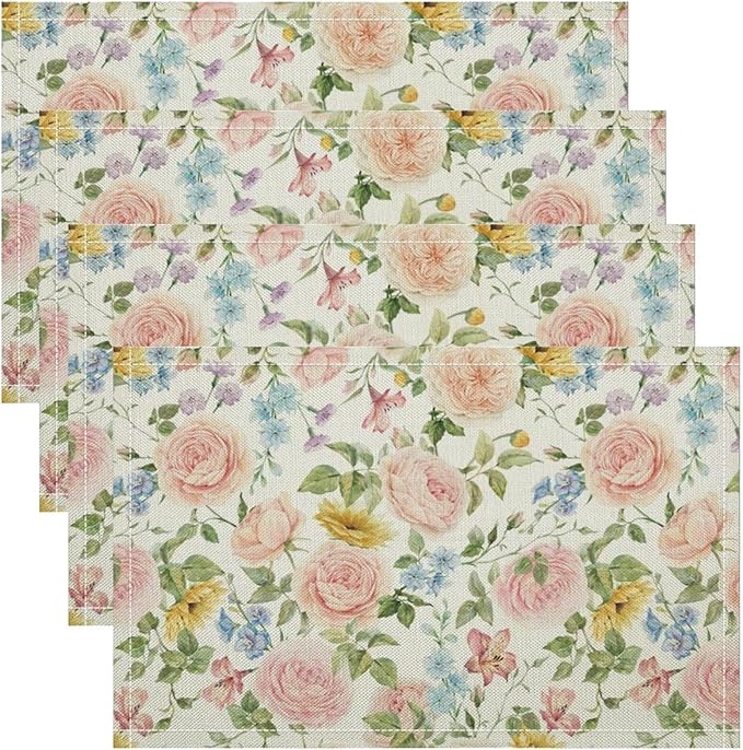Colorful Floral Placemats Set of 8, 17x12 Inch Watercolor Spring Botanical Aesthetic Wildflower Nature Rustic Art Printed Table Mats for Home Party Kitchen Dining Decor