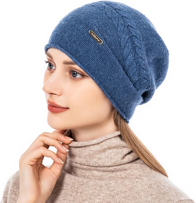 QUEENFUR Knit Slouchy Beanie Hats for Women Cashmere Ski Cap Knitted Wool Soft Warm Winter Hat