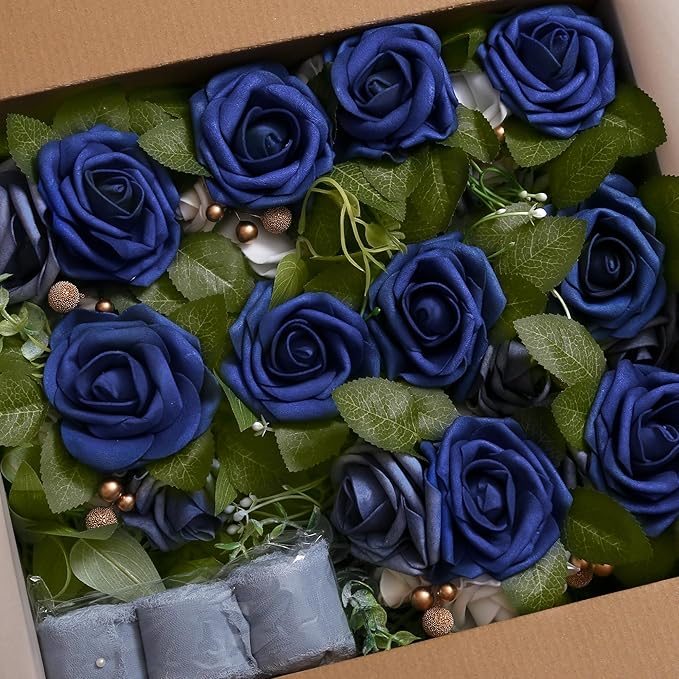 DORIS HOME Wedding Chair Decorations Blue Pew Flowers Set of 10 for Wedding Ceremony Party Aisle Decor with Artificial Flowers Eucalyptus and Ribbons