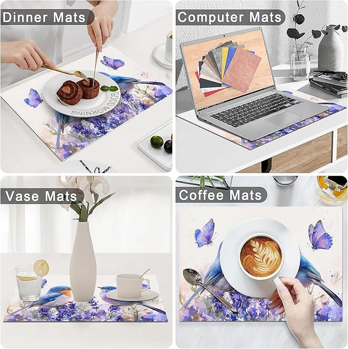 Lavender Birds Placemats Set of 6 Washable Table Mats Spring Floral Flower Heat-Resistant Cotton Linen Place Mats for Dining Table Kitchen Indoor Outdoor Party Holiday Decor