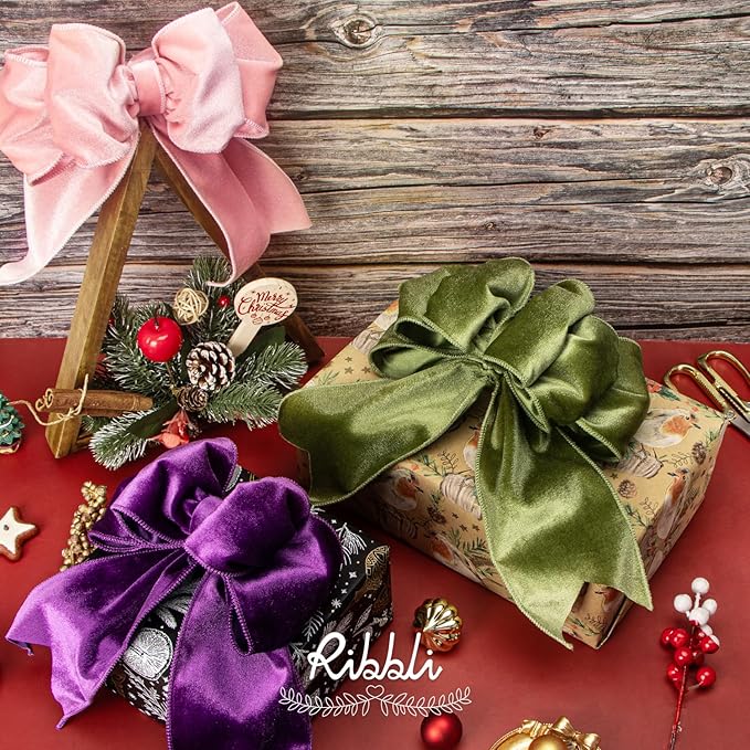 Ribbli Olive Green Velvet Wired Ribbon 4 Inch Velvet with Satin Christmas Ribbon for Gift Wrapping Christmas Tree Decoration Crafts Wreaths Supplies-Continuous 10 Yards