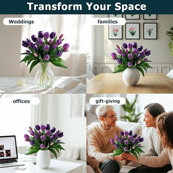 20PCS Fake Tulips Artificial Tulip Silk Flowers Fake PU Bouquet Artificial Flowers Faux Flowers with Gift Box Soft Faux Tulips Bouquets Arrangements for Party Wedding Home
