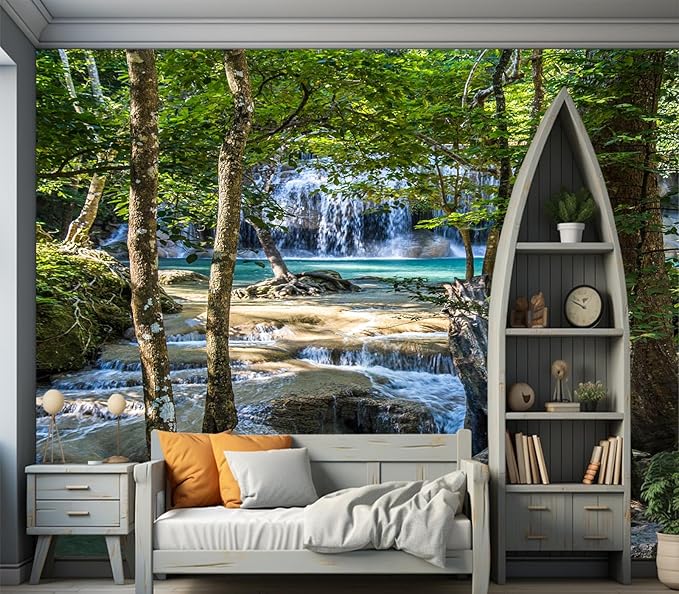 Cliouar--Erawan Waterfall in Kanchanaburi Mural Wallpaper Peel and Stick 160" x 114"